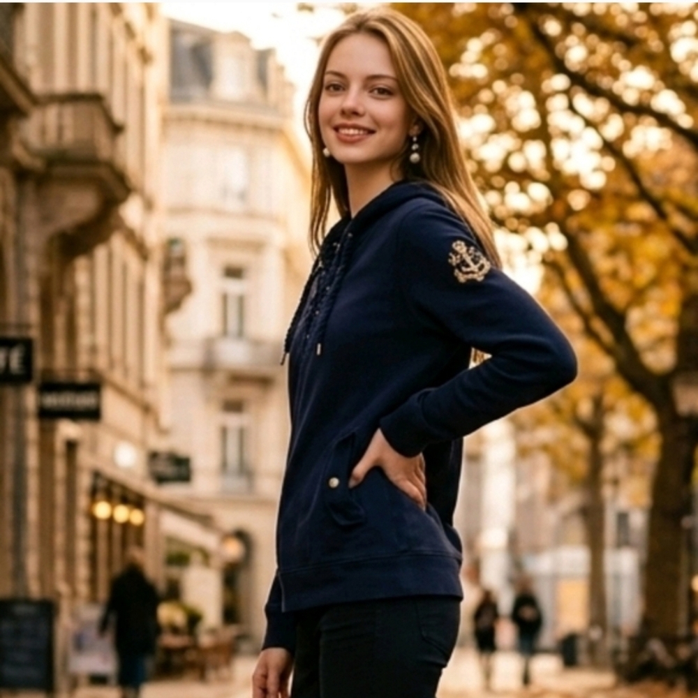 Ralph Lauren Preppy Navy Lace-Up Fleece Hoodie Casual Athleisure Small
